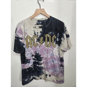 AC/DC Leopard Print Logo Tie Dye Cut Out V-Neck Graphic T-Shirt Purple Black L‎